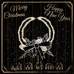 Merry Christmas and Happy New Year greeting card with Chrirstmas decorations fir cones, holly berry on wood boards. Chalk on black board. Vector illustration, baner, poster