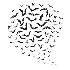 Obraz na płótnie Canvas Halloween flying bats. Swarm of bat silhouettes in sky. Creepy batman halloween vector decoration. Illustration of black silhouette bat, vampire halloween