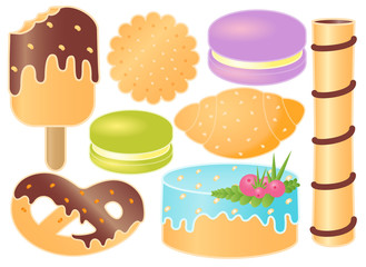Set Of Sweets. Croissant, Pretzel, Cupcake, Icecream, Macaroons, Sweet Steak, Cookie.