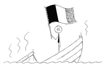 Cartoon stick drawing conceptual illustration of politician standing depressed on sinking boat with flag of Kingdom of Belgium or French Republic, France.