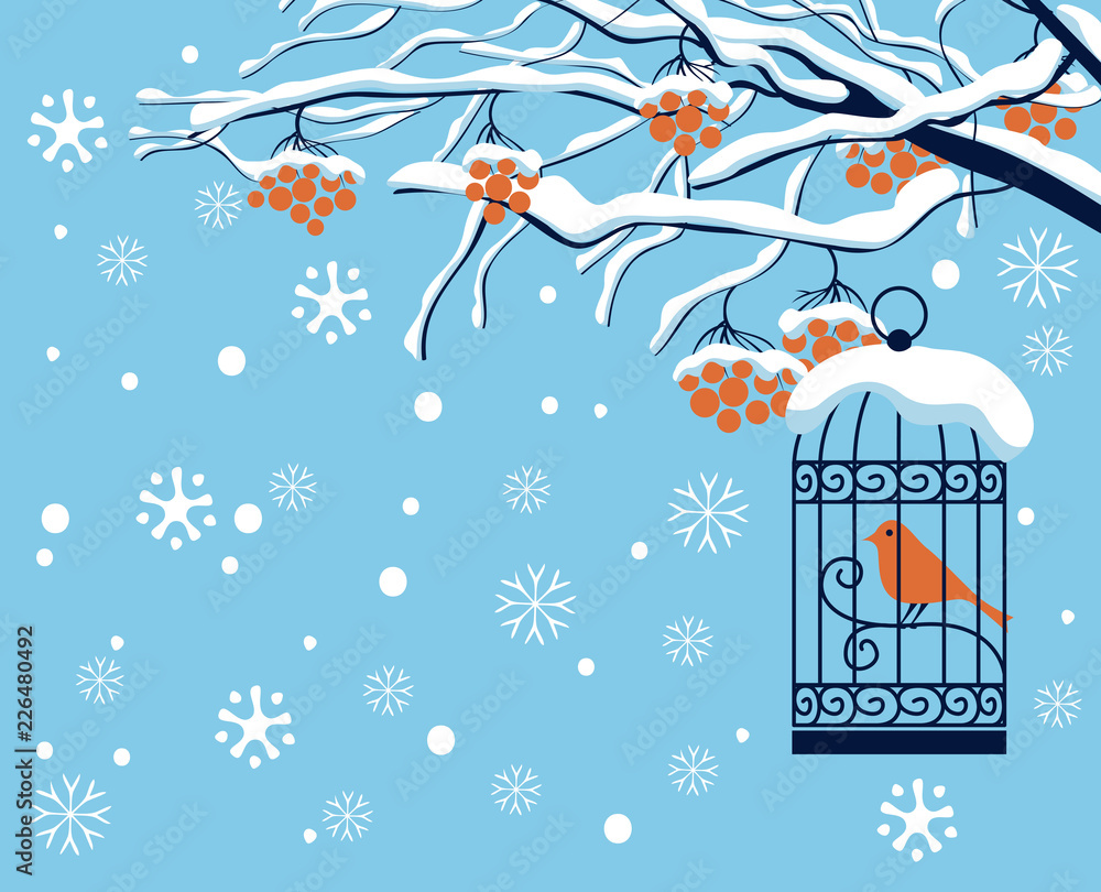 Poster vector winter landscape with snow-covered branches, and red clusters of rowan tree. red bird in a ca