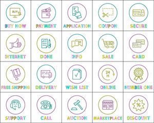 Online Commerce Round Linear Icons Templates Set