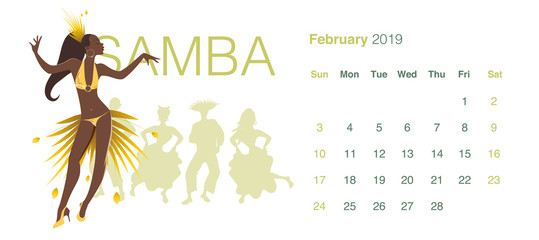 2019 Dance Calendar. February. Beautiful girl dancing samba and group of dancers on the background