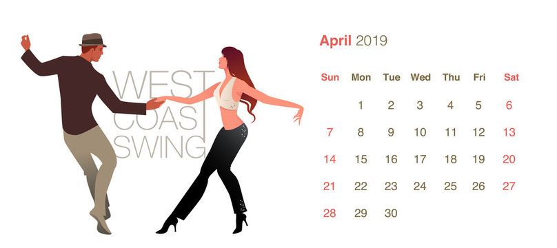2019 Dance Calendar. April. Young couple dancing West Coast Swing on white  background Stock Vector | Adobe Stock
