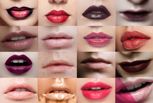 Collage lips close-up beauty different lipstick