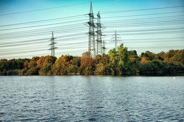 Trees growing around a lake autumn mood background vintage power line mannheim