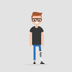 Young male character with prosthetic lower limb. Modern disabled people. Lifestyle. New technologies. Flat editable vector illustration, clip art