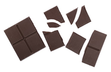 Dark chocolate with cocoa bars, pieces isolated on white background, top view