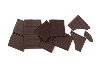 Dark chocolate with cocoa bars, pieces isolated on white background, top view