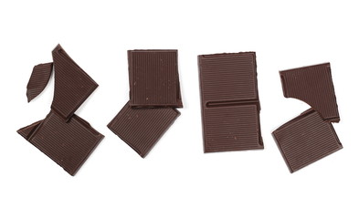 Dark chocolate with cocoa bars, pieces isolated on white background, top view