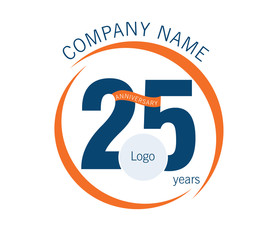 25 years celebrating logo with blue and orange, isolated on white background, illustration vector. Creative vision concept logo, symbol for card, brand, banners