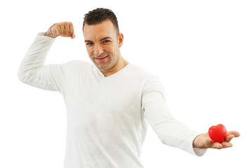 Handsome man show red heart on hand isolated on white background , picture have clipping path