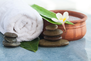 Obraz na płótnie Canvas Spa set with tropical flower for relax body massage treatment