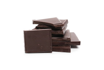 Dark chocolate with cocoa bars, pieces isolated on white background