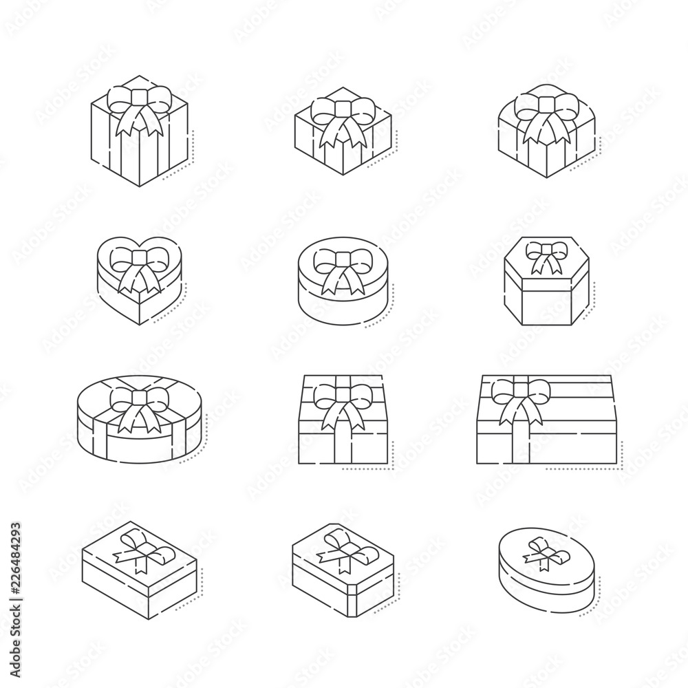 Poster gift box 3d isometric with shadow icon outline stroke set dash line design illustration isolated on 