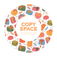 Gift box icon kids hand drawing set pattern background in circle frame illustration colorful isolated on white background, with center copy space, vector eps 10