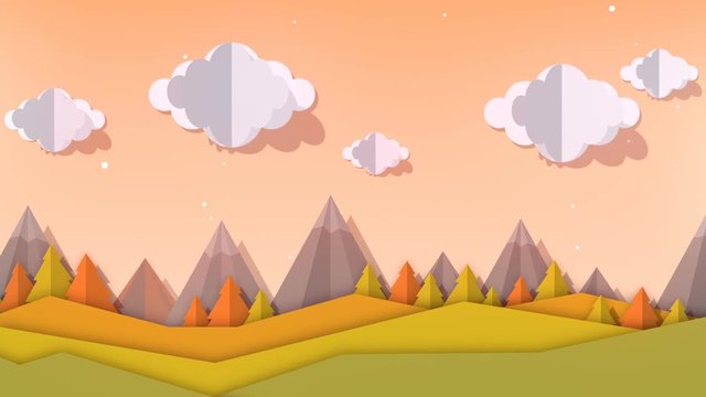Flat autumn animated landscape background. Paper cut art design landscape with trees and hills. 3d rendering