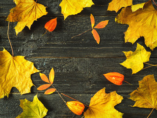 Fototapeta na wymiar Background of autumn leaves on a dark wooden table with copy space