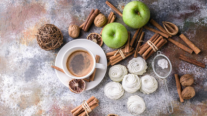 Food banner. Marshmallow with apple and cinnamon. Top view