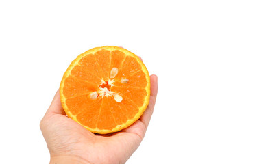citrus orange fruit  in the hand on white background