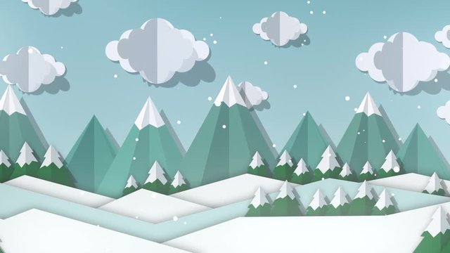 Flat winter animated landscape background. Paper cut art design landscape with trees and hills. 3d rendering