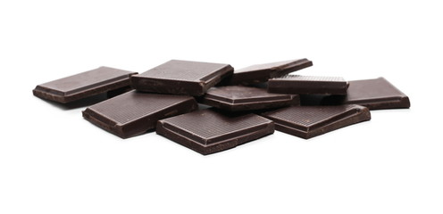 Dark chocolate with cocoa bars, pieces isolated on white background