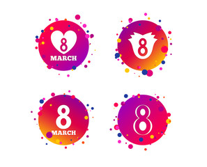 8 March Women's Day icons. Tulip or rose flower and heart sign symbols. Gradient circle buttons with icons. Random dots design. Vector