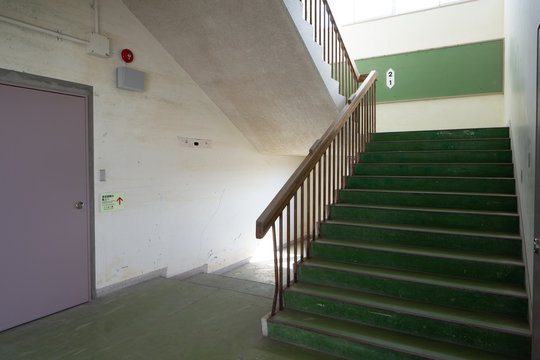 学校の階段 staircase in the elementary school,Japan Stock Photo
