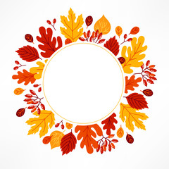 Autumn greeting card with colorful leaves, berries, circle blank label