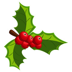 Holly berry with three leaves. Christmas symbol. Vector ellement decorations for Christmas isolated on a white background.