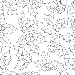 Coloring book page for adults and children. Christmas Holly Berry seamless pattern. Vector illustration.