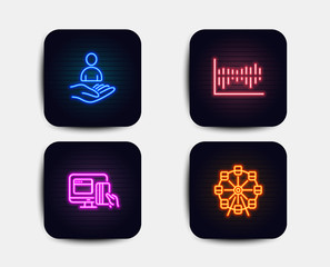 Neon glow lights. Set of Column diagram, Recruitment and Online payment icons. Ferris wheel sign. Sale statistics, Hr, Money. Attraction park.  Neon icons. Glowing light banners. Vector