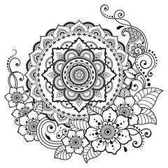 Circular pattern in form of mandala with flower for Henna, Mehndi, tattoo, decoration. Decorative ornament in ethnic oriental style. Coloring book page.