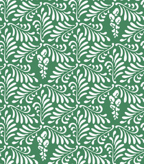 Floral seamless pattern background. Ornament with stylized leaves, birds and flowers on hexagonal grid