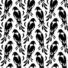 Seamless pattern of birds similar to magpie. Stylized silhouettes, black on white - 226488401