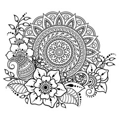 Circular pattern in form of mandala with flower for Henna, Mehndi, tattoo, decoration. Decorative ornament in ethnic oriental style. Coloring book page.