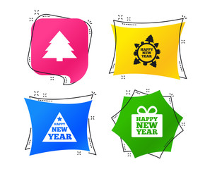 Happy new year icon. Christmas trees signs. World globe symbol. Geometric colorful tags. Banners with flat icons. Trendy design. Vector
