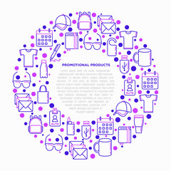 Promotional products concept in circle with thin line icons: notebook, tote bag, sunglasses, t-shirt, water bottle, pen, backpack, cup, hat, travel mug. Vector illustration, print media template.