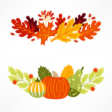 Vegetables and leaves compositions with pumpkins, berries and flowers