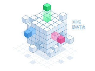 Isometric Abstract Big Data Cube, Box Data. Science and technology. Vector illustration.