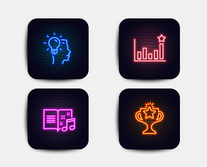 Neon glow lights. Set of Idea, Efficacy and Music book icons. Victory sign. Professional job, Business chart, Musical note. Championship prize.  Neon icons. Glowing light banners. Vector