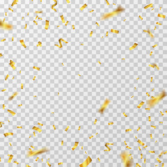Gold confetti. Golden yellow ribbons flying down glitter isolated. Wedding party christmas background. Banner with confetti for festival, festive ribbon wedding illustration