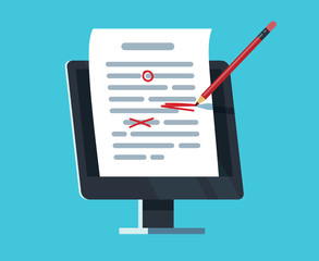 Editable online document. Computer documentation, essay writing and editing. Copywriter and text editor vector concept. Document online editing, storytelling content illustration