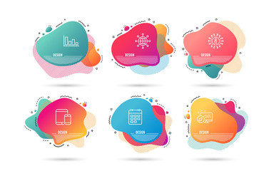 Dynamic liquid shapes. Set of International globe, Histogram and Mobile devices icons. Calendar sign. World networking, Economic trend, Smartphone with tablet. Event reminder.  Gradient banners