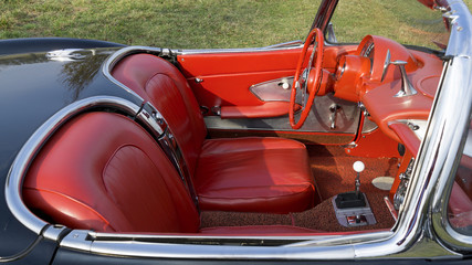 red leather interior classic car.