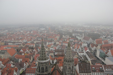 Cloudy Ulm city and Danube river view from the tallest Cathedral