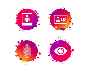 Identity ID card badge icons. Eye and fingerprint symbols. Authentication signs. Photo frame with human person. Gradient circle buttons with icons. Random dots design. Vector