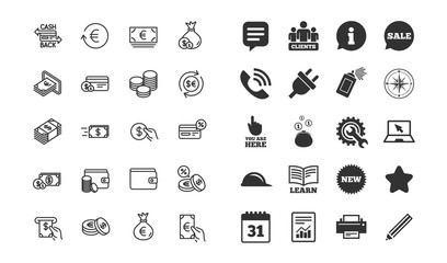 Money line icons. Set of Credit card, Cash and Coins signs. Banking, Currency exchange and Cashback service. Wallet, Euro and Dollar symbols. Information, calendar and call phone icons. Vector