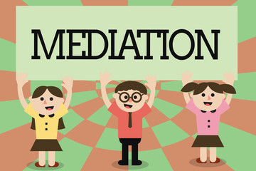 Writing note showing Mediation. Business photo showcasing intervention dispute in order to resolve it Arbitration Relaxation.