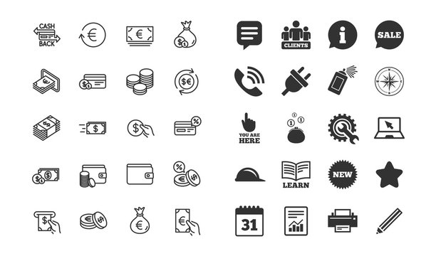 Money line icons. Set of Credit card, Cash and Coins signs. Banking, Currency exchange and Cashback service. Wallet, Euro and Dollar symbols. Information, calendar and call phone icons. Vector